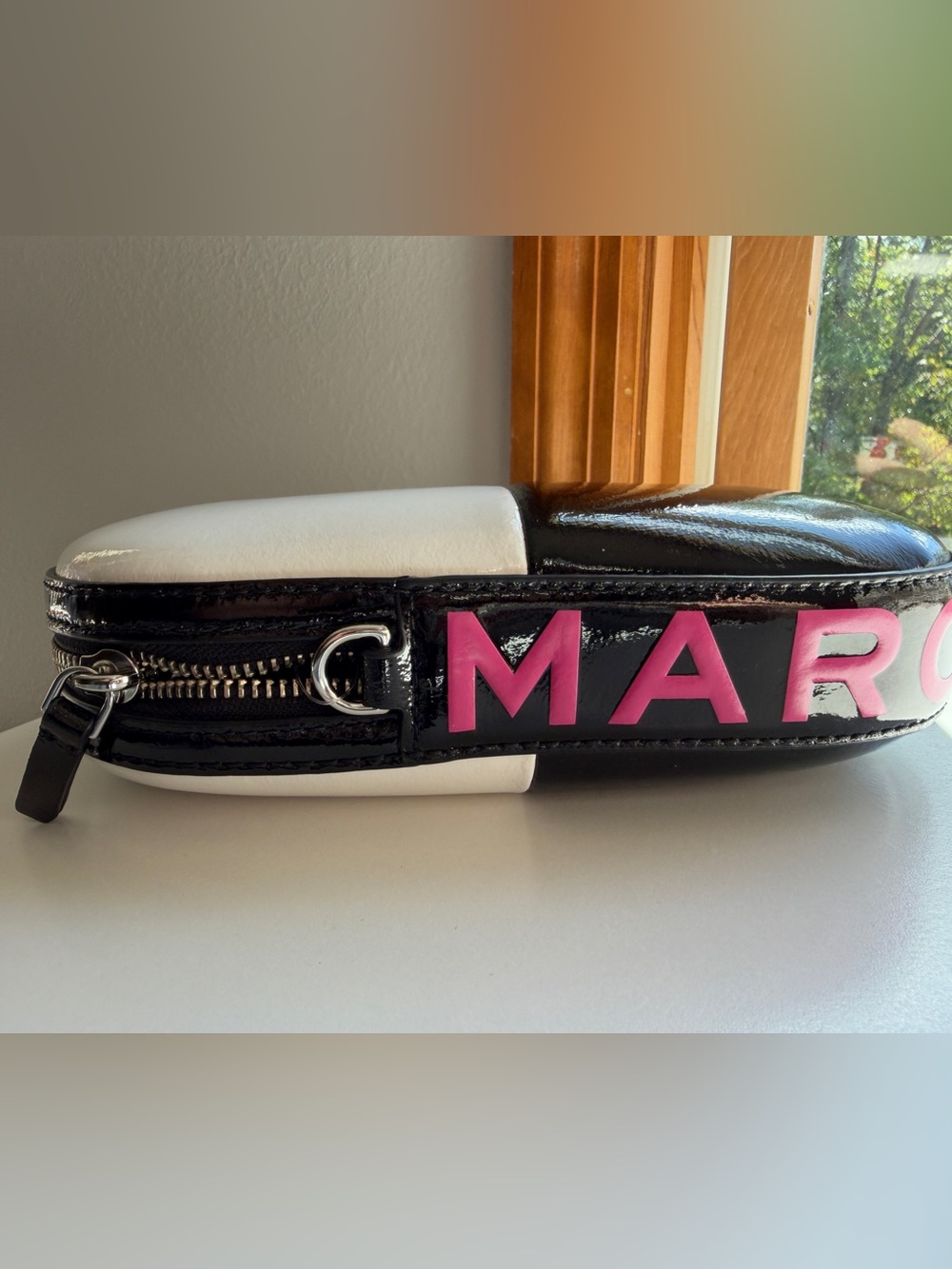 Marc Jacobs Black & White Patent Crossbody with Pink Logo